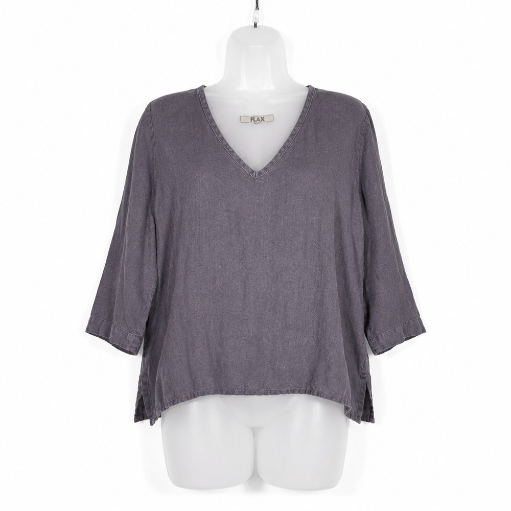 FLAX Top Womens M Gray Linen 3/4 Sleeve Pullover Lagenlook Minimalist Coastal